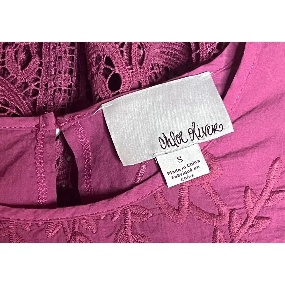 Anthropologie Bell-Sleeve Lace BOHO Pullover by Chloe Oliver Raspberry Sz S